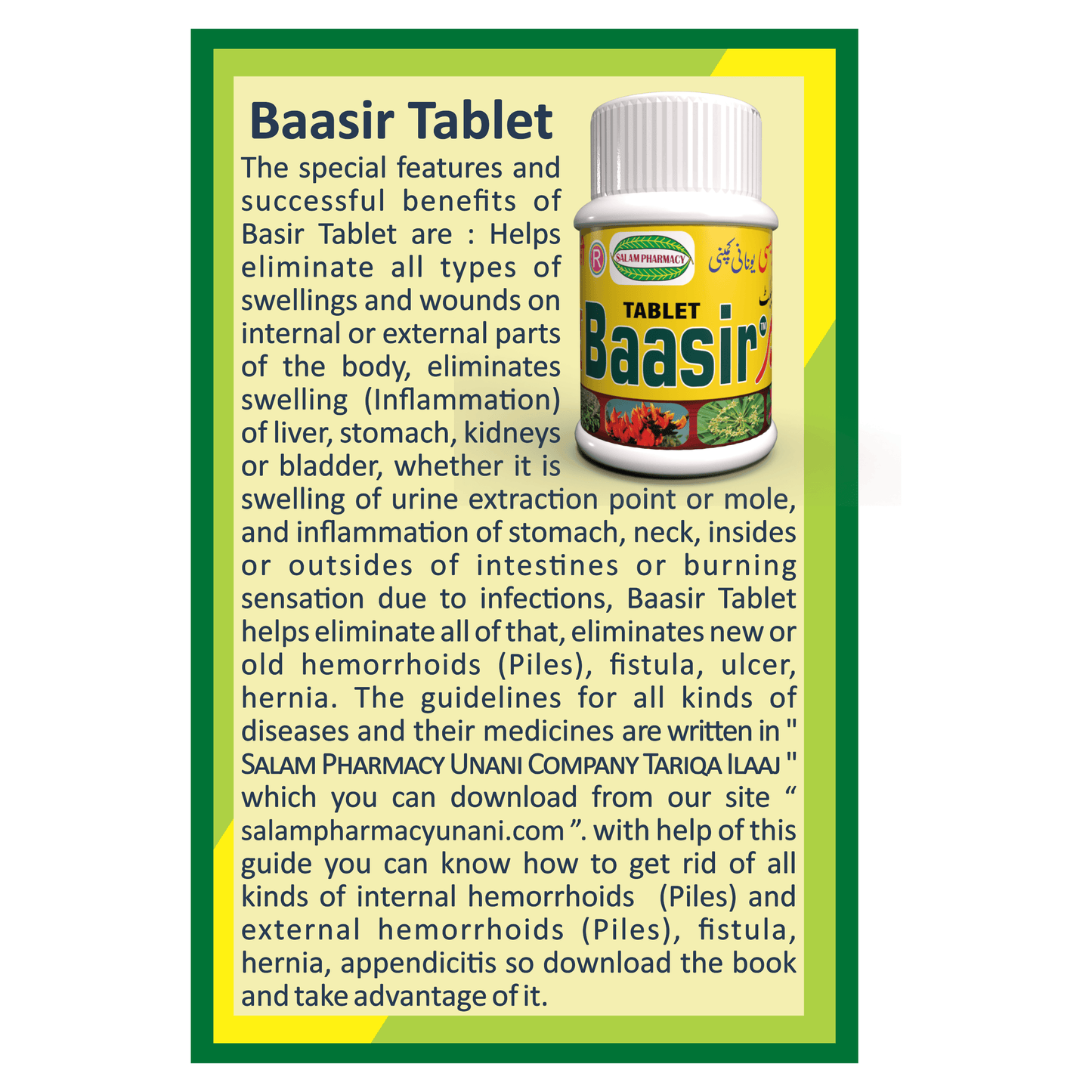 Baasir 60 Tablet | Helps Eliminate Hemorrhoids ( Piles ), And helps eliminate any type of Swelling ( Inflammation ) in any part of the body. - Salam Pharmacy