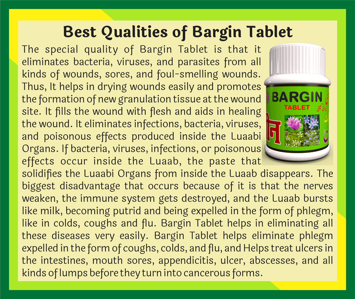 Bargin Tablet benefits text with white tablet bottle showing herbal images, healing wounds, infections, and ulcers