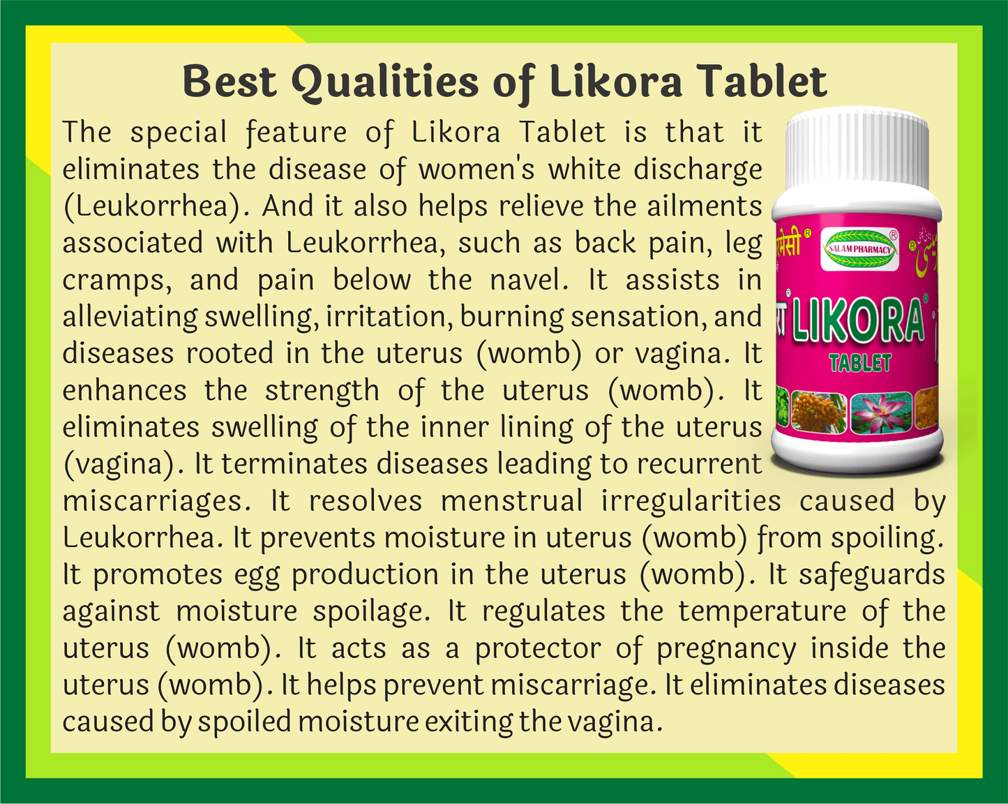 Likora Tablet bottle with text detailing its benefits for treating leukorrhea and uterine health