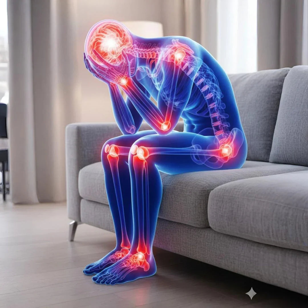 Illustration of a person sitting on a sofa with glowing red pain points on joints and head