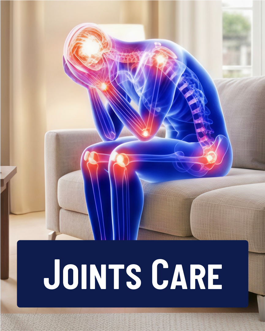 Illustration of a person sitting on a sofa with glowing red pain points on joints and head