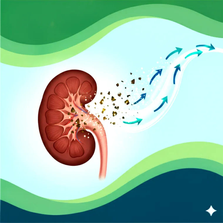 Illustration of a kidney with kidney stones breaking apart and flowing away with blue arrows