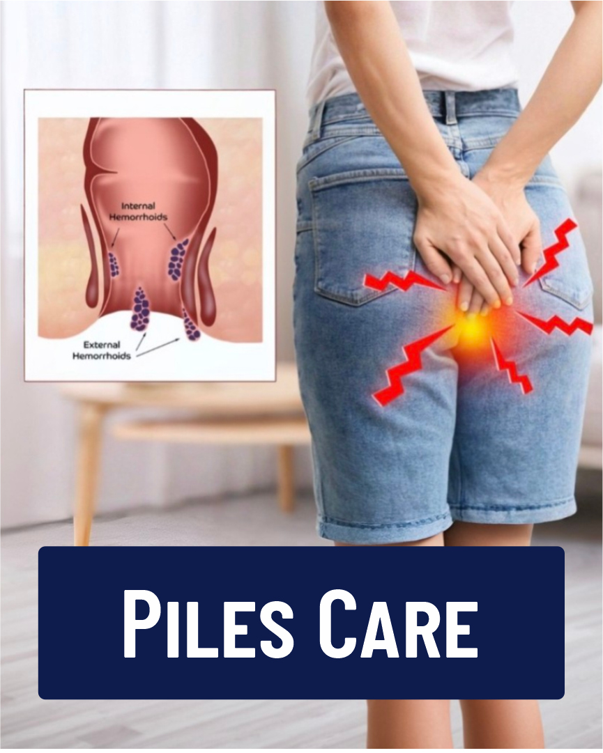 Person in denim shorts with hands on painful anal area, medical diagram showing internal and external hemorrhoids